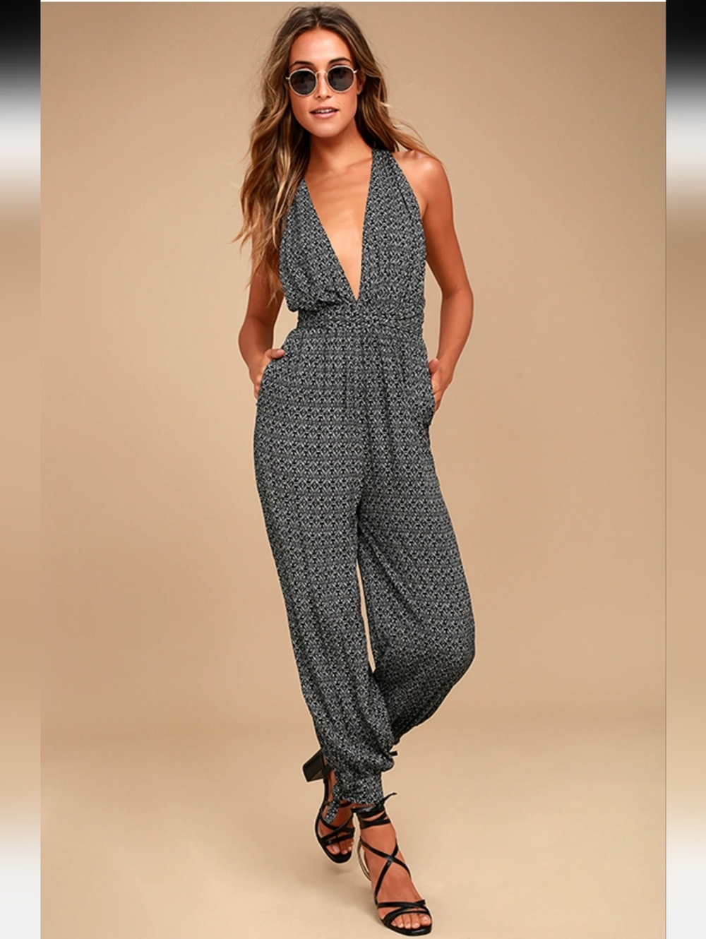 Lulus Take a Trip Black Print Halter Jumpsuit Boho Smocked Backless Summer M EUC
